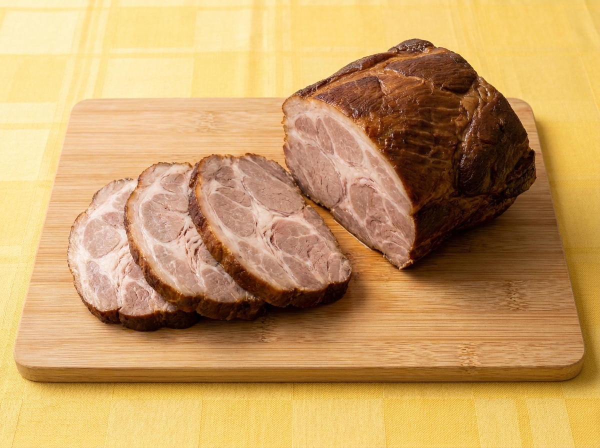 Dünne, perfekt runde Scheiben des geschmorten Schweinebauchs liegen neben der Rolle auf einem Holzbrett.