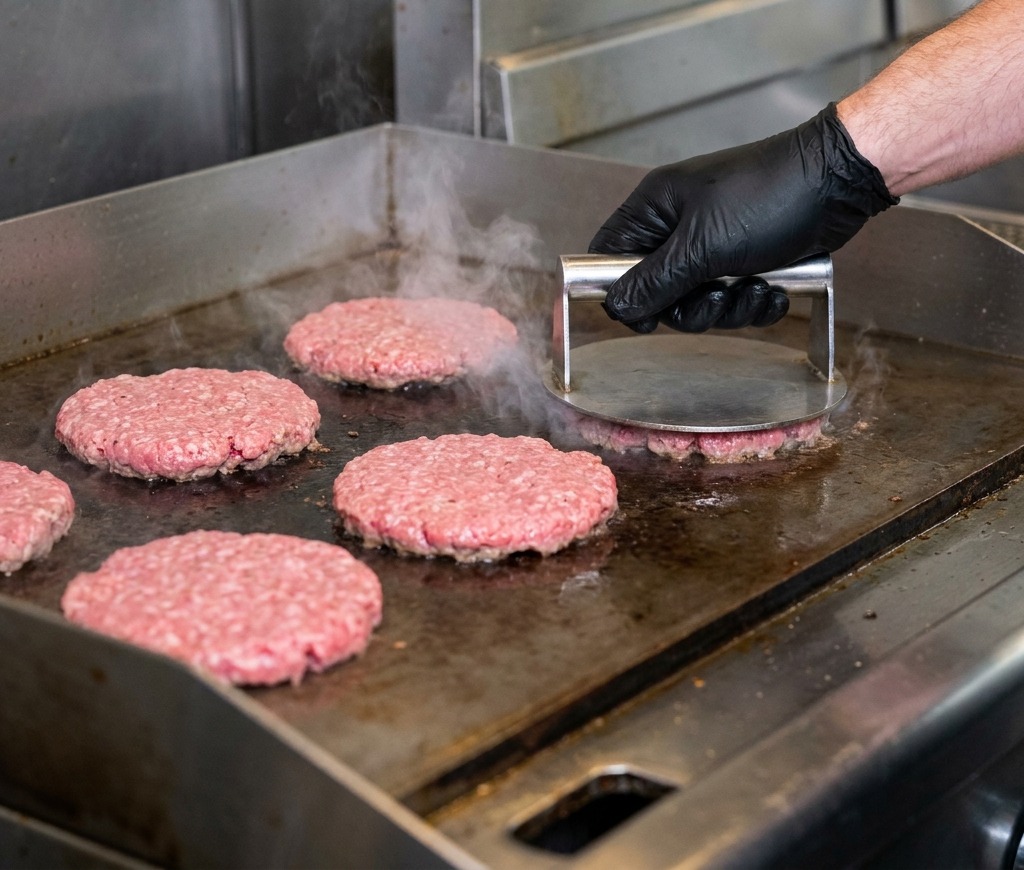 Reihen von rohen Rinderhackbällchen werden auf eine zischende, heiße Metall-Grillplatte in einer Küche gelegt.