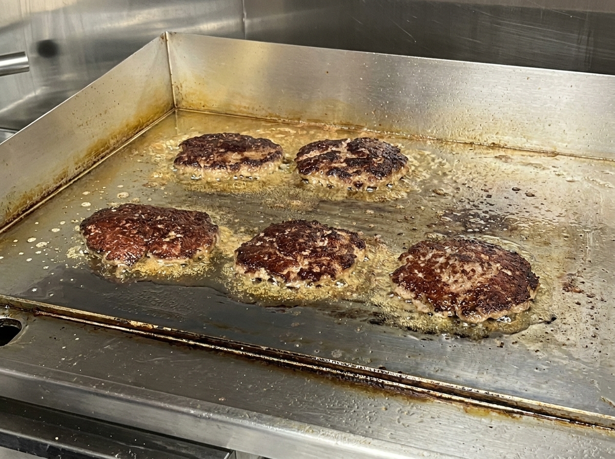 Fünf dicke Rindfleisch-Patties braten auf einer heißen Edelstahlplatte mit sichtbarer brauner Kruste und brutzelndem Fett.