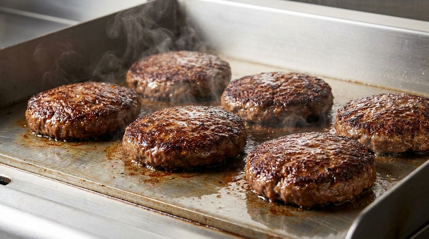 Sechs dicke Rindfleisch-Patties braten perfekt auf einer professionellen Edelstahl-Grillplatte.