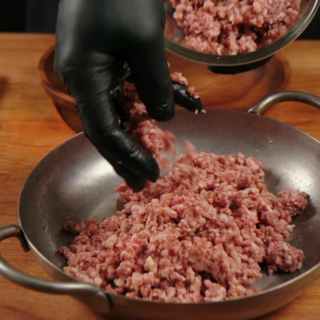 Hände in schwarzen Handschuhen mischen vorsichtig grobes Rinderhackfleisch in einer Metallschüssel.