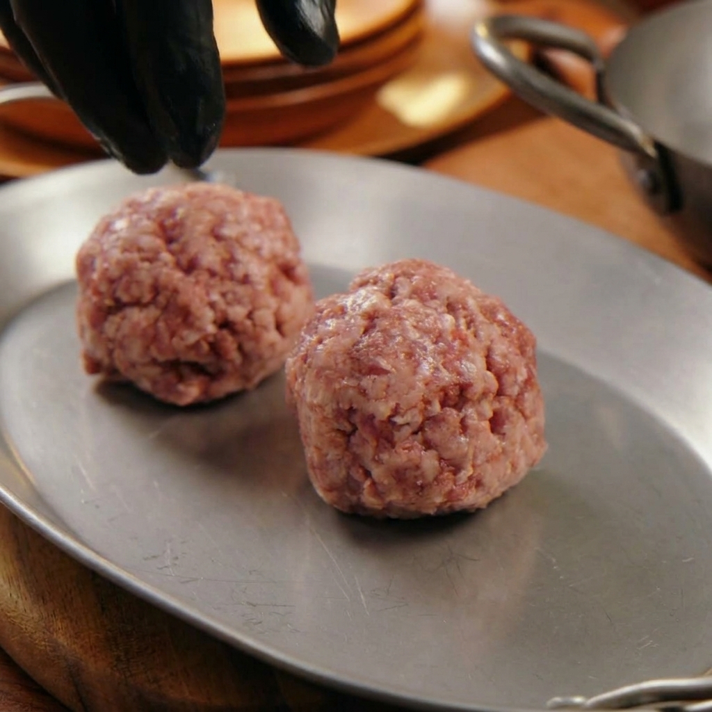 Hände in schwarzen Handschuhen formen zwei rohe Rindfleisch-Patties auf einem silbernen Metallblech.
