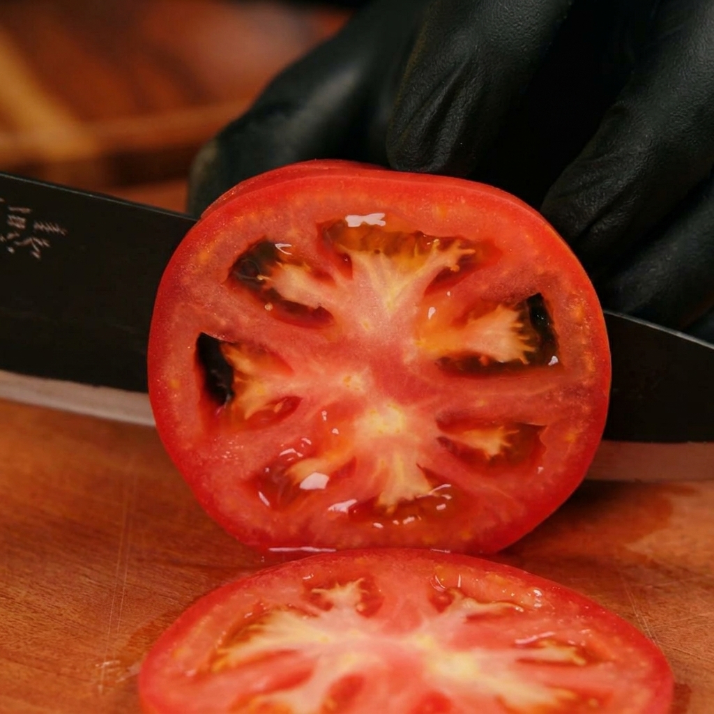 Ein scharfes schwarzes Messer schneidet eine reife rote Tomate auf einem Holzschneidebrett in dicke Scheiben.