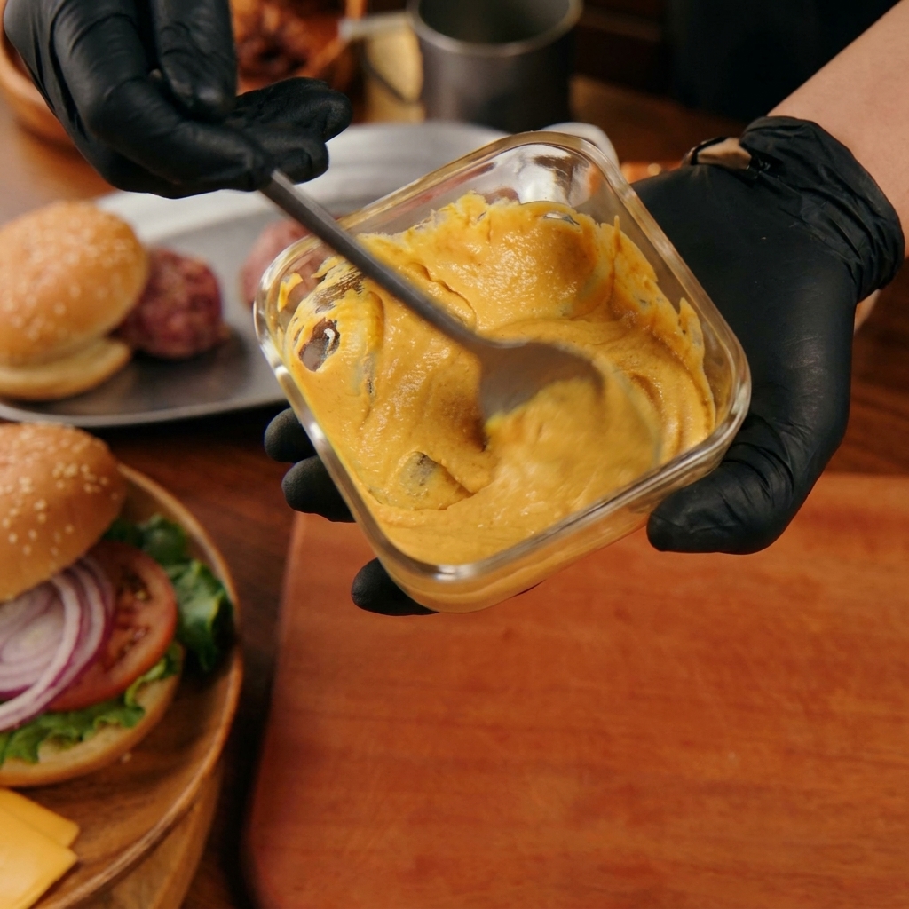 Hände in schwarzen Handschuhen verrühren mit einem Löffel eine cremige, gelborange Burgersauce in einem kleinen Glasbehälter.