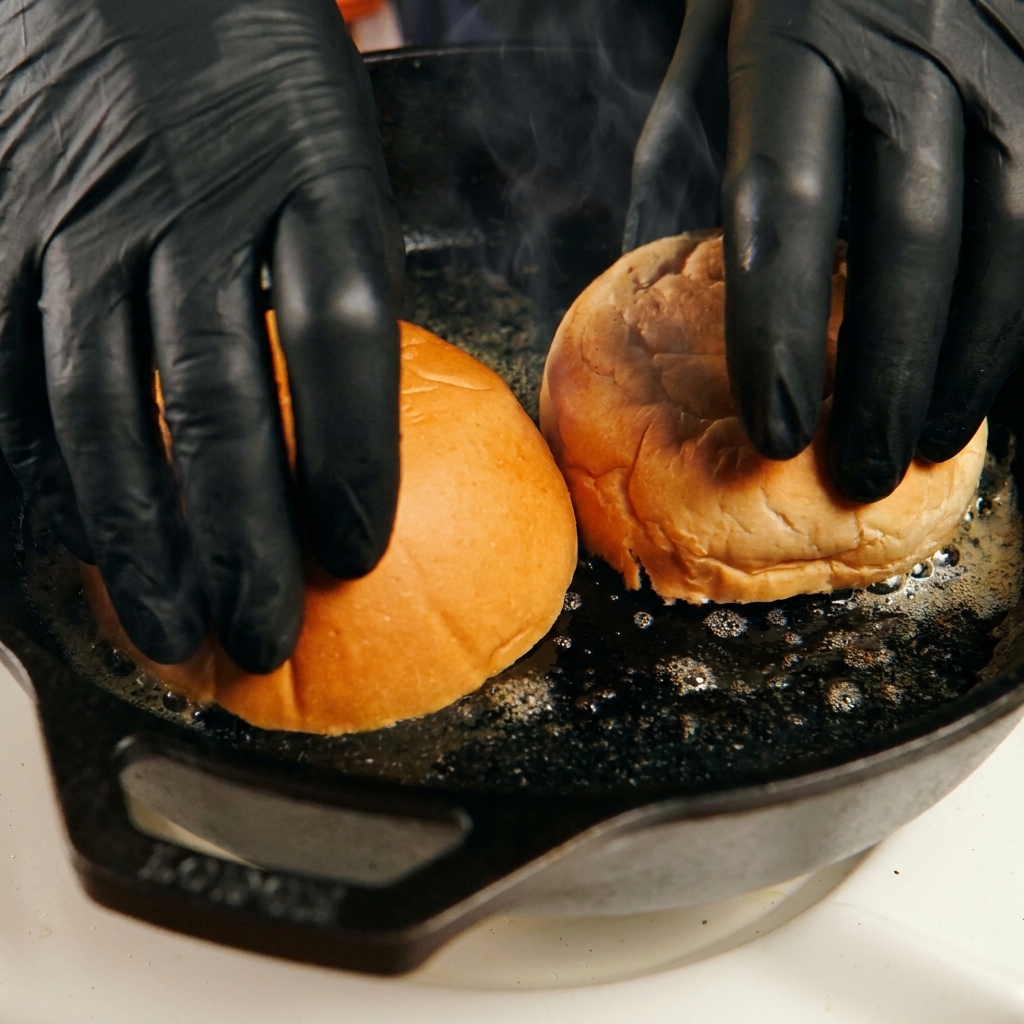 Hände in schwarzen Handschuhen drücken zwei Hälften eines Burger-Buns mit der Schnittfläche nach unten in eine heiße Gusseisenpfanne mit geschmolzener Butter.