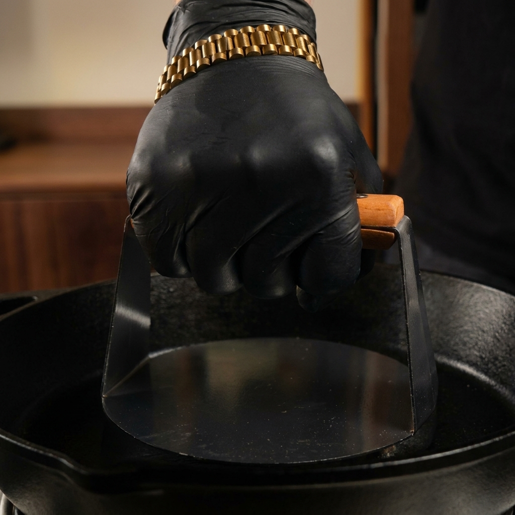 Eine Hand in einem Handschuh drückt mit einer schweren Burgerpresse aus Metall eine Kugel Rinderhackfleisch in einer heißen Gusseisenpfanne flach.