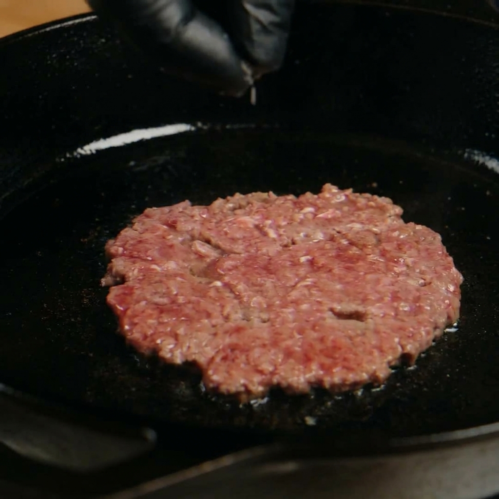 Eine Hand streut Salz und schwarzen Pfeffer über ein flachgedrücktes Rindfleisch-Patty, das in einer Gusseisenpfanne brät.