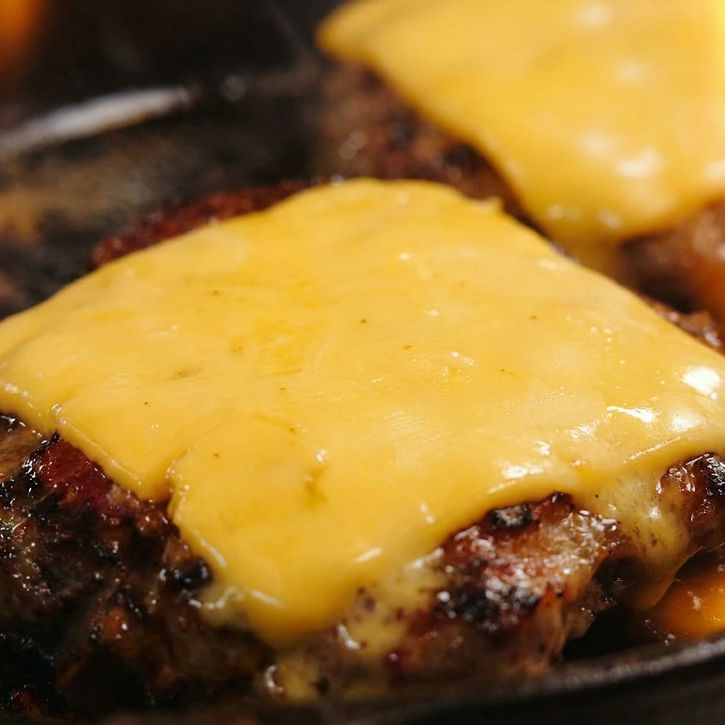 Nahaufnahme einer perfekt geschmolzenen quadratischen Scheibe gelben Cheddarkäses, die über einem gebratenen Rindfleisch-Patty liegt.
