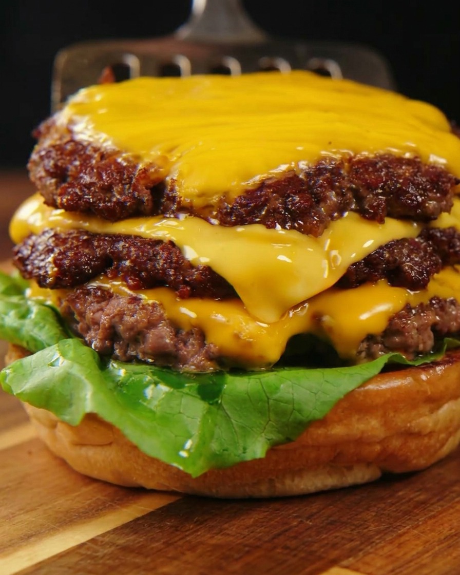 Drei übereinandergestapelte, mit geschmolzenem Käse überzogene Rindfleisch-Patties auf frischem Salat und der gerösteten unteren Bun-Hälfte.