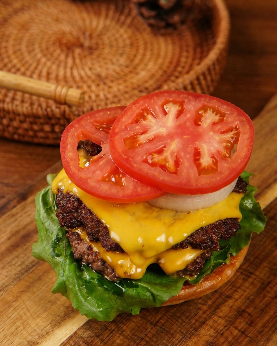 Zwei rote Tomatenscheiben und weiße Zwiebelringe auf einem gestapelten Triple Cheeseburger.