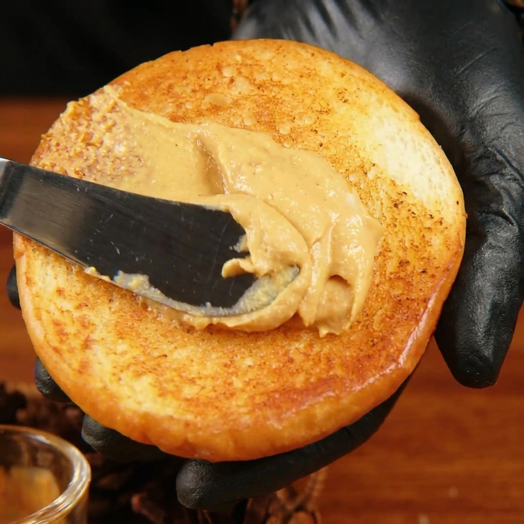 Eine Hand in einem schwarzen Handschuh hält eine goldbraun geröstete Burger-Bun-Hälfte, während ein Pfannenwender eine dicke Schicht cremiger orangefarbener Sauce auf der Innenseite verstreicht.