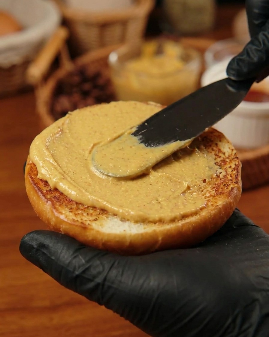 Ein turmhoher, fertig zusammengebauter Burger, der mit einem Holzspieß fixiert ist, der von oben durch das Brötchen gesteckt wurde.