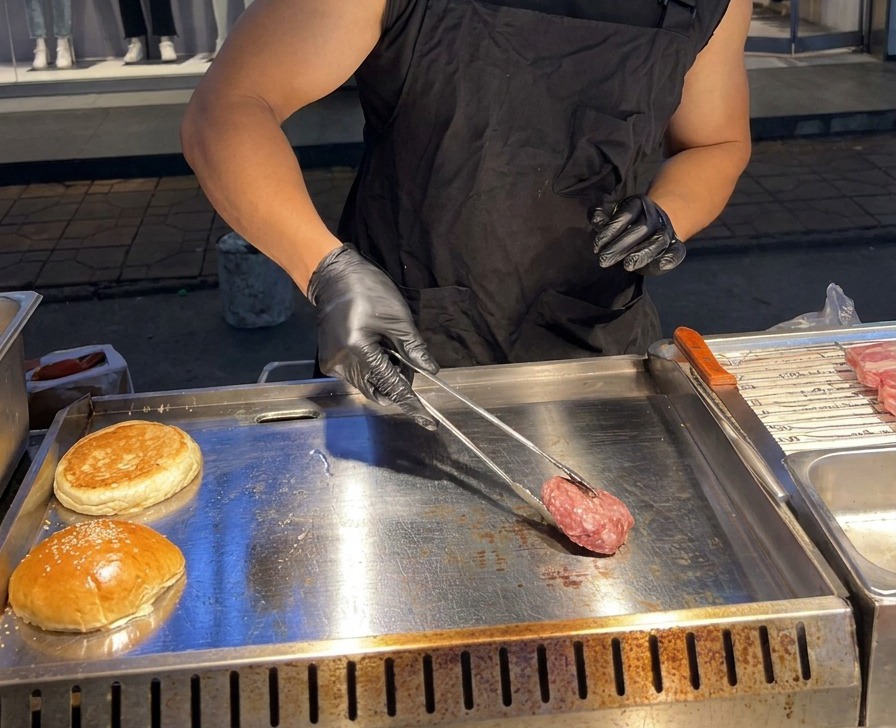 Ein dickes, rohes Rinder-Patty wird mit einer Metallzange auf eine heiße Edelstahl-Grillplatte gelegt.