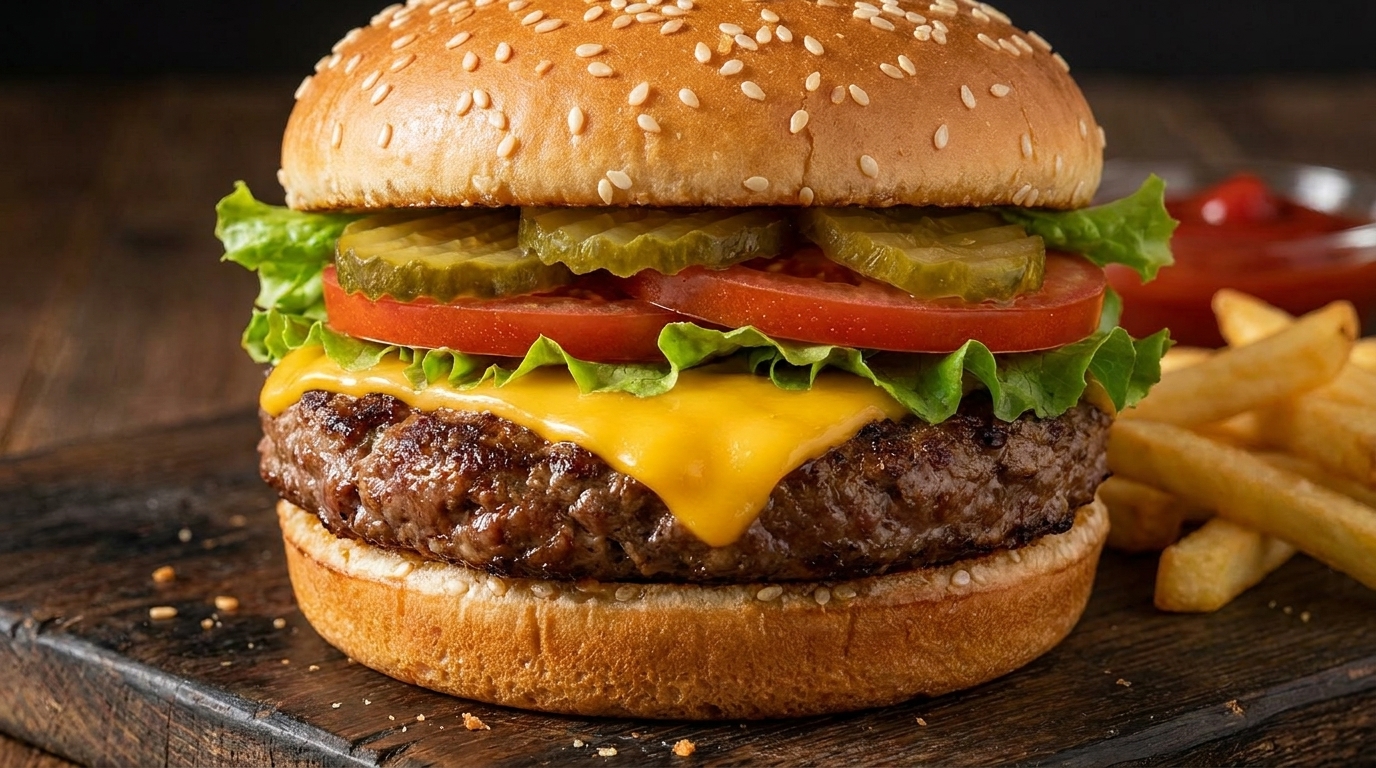 Klassischer American Smash Burger mit geschmolzenem Cheddar