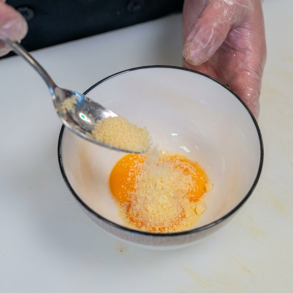 Ein Löffel streut feines Käsepulver über zwei leuchtend orangefarbene Eigelbe in einer weißen Schüssel.