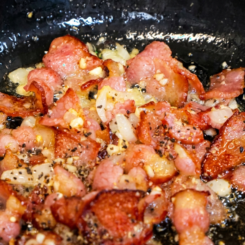 Nahaufnahme von knusprigem Speck und Zwiebeln in der Pfanne, bestreut mit frisch gemahlenem schwarzen Pfeffer.