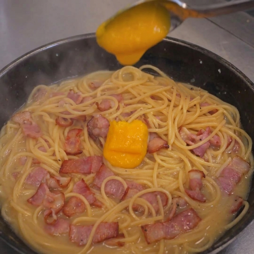 Eine dicke, gelbe Ei-Käse-Mischung wird über die Spaghetti und den Speck in der Pfanne gegossen.