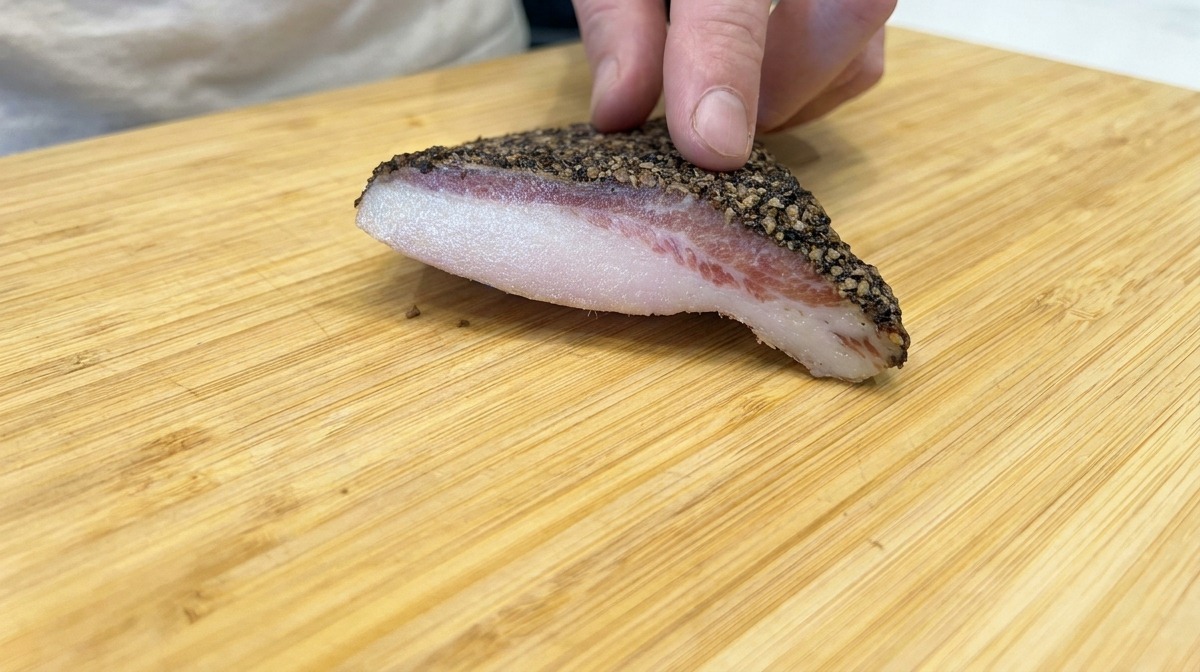 Ein Stück mit Pfeffer ummantelte Guanciale auf einem Holzschneidebrett.