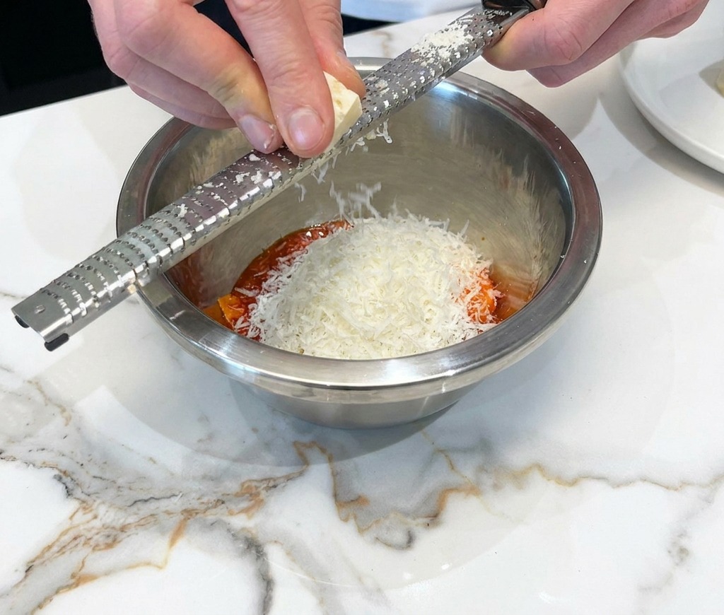 Frischer Pecorino wird über ein rohes Ei in einer Schüssel gerieben.