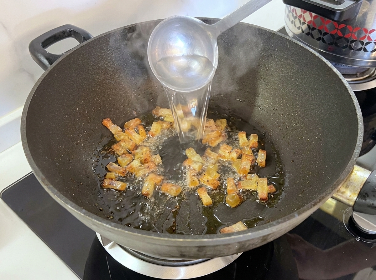 Eine Kelle Nudelwasser wird zum angebratenen Speck in die Pfanne gegeben.