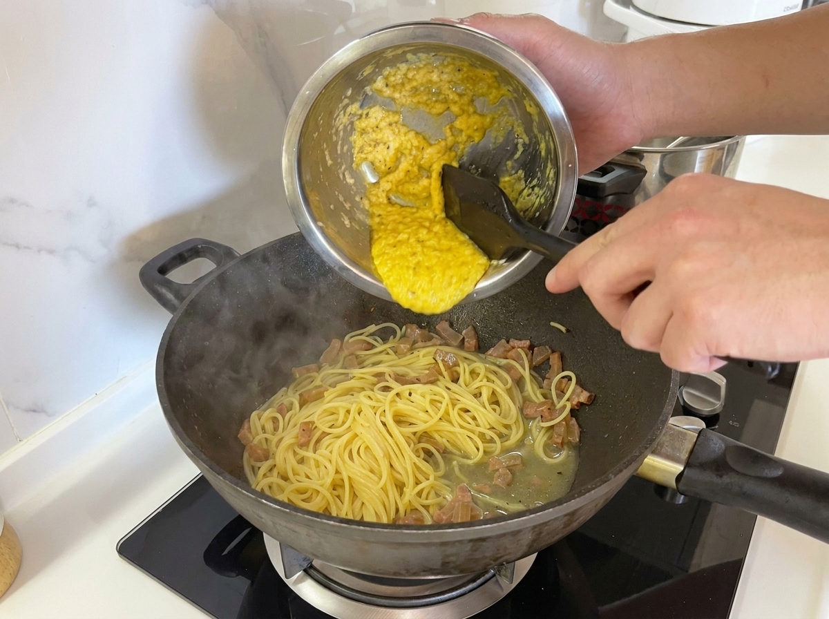 Die gelbe Ei-Käse-Mischung wird über die heißen Spaghetti gegossen.
