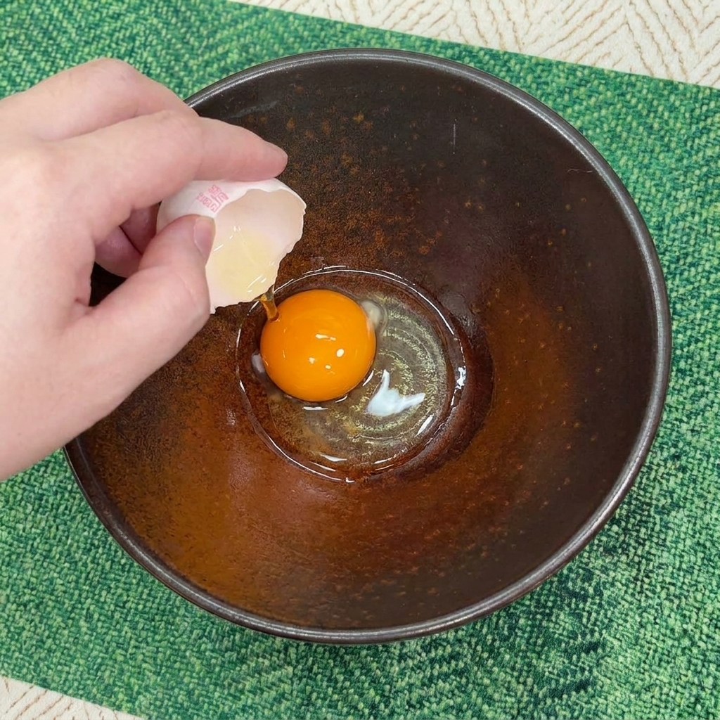 Eine Hand schlägt ein Ei auf, um das Eigelb in eine dunkle Schüssel gleiten zu lassen.