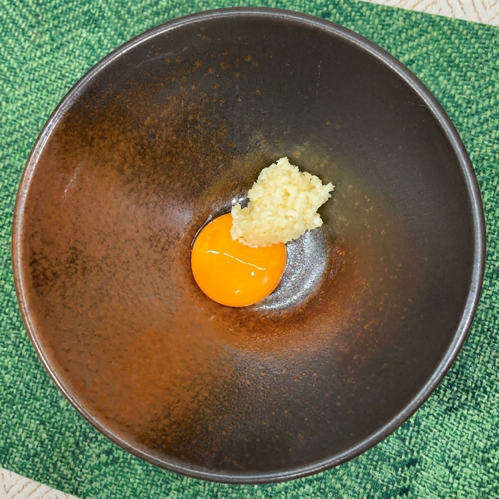 Ein Klecks fein gehackter Knoblauch neben einem Eigelb in einer dunklen Schüssel.