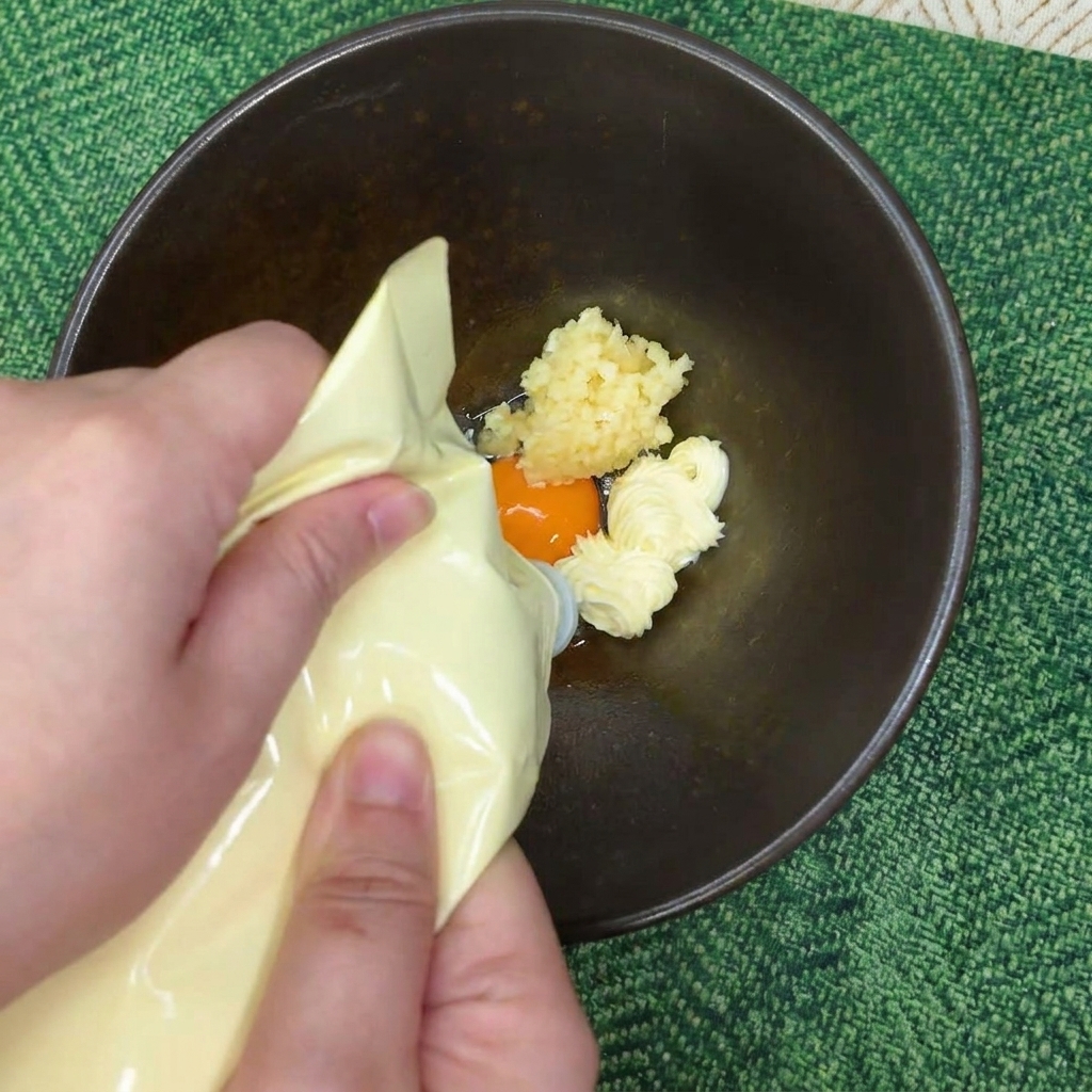 Eine Hand drückt Mayonnaise aus einer Flasche in eine Schüssel mit Eigelb und Knoblauch.