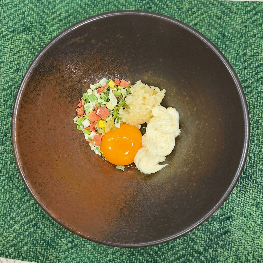 Getrocknetes Gemüse wird in die Schüssel mit der Eigelb-Mayo-Mischung gegeben.