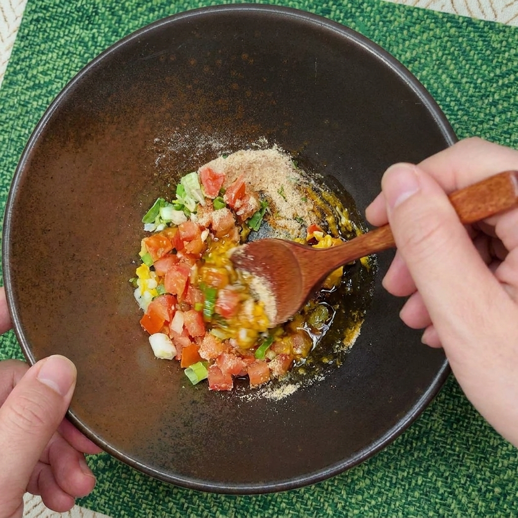 Eine Hand verrührt mit einem Holzlöffel Eigelb, Mayo und Gewürze zu einer Paste.