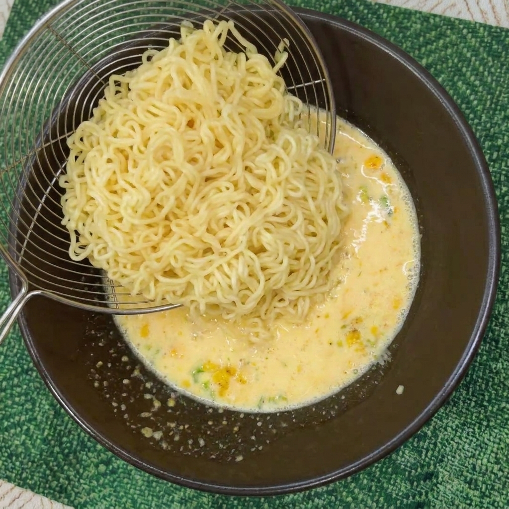Ein Sieb gibt eine Portion gekochte Instant-Nudeln in die Schüssel mit der cremigen Brühe.