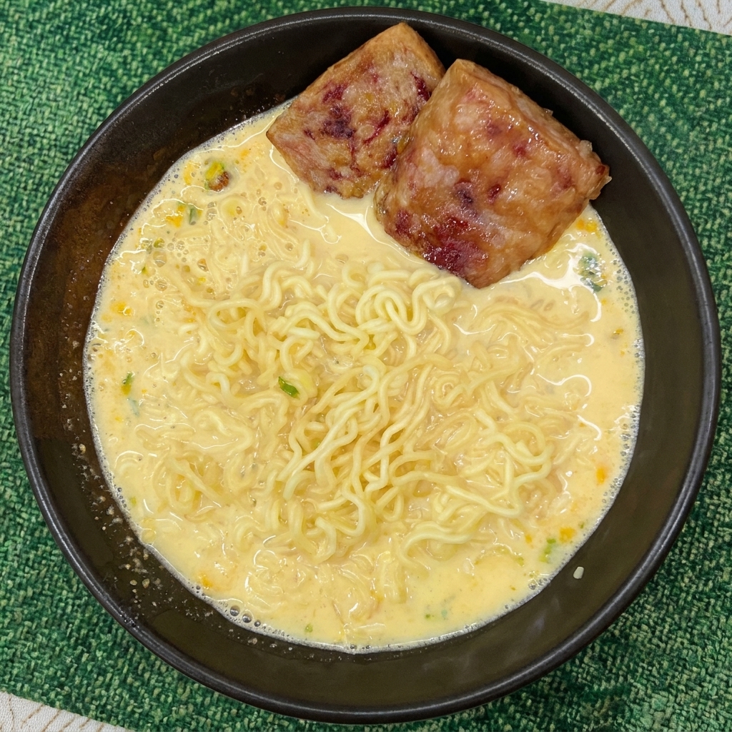 Zwei goldbraun gebratene Scheiben Frühstücksfleisch auf den Instant-Nudeln.
