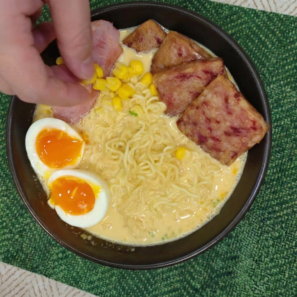 Finger lassen gelbe Maiskörner in die Ramen-Schüssel fallen.