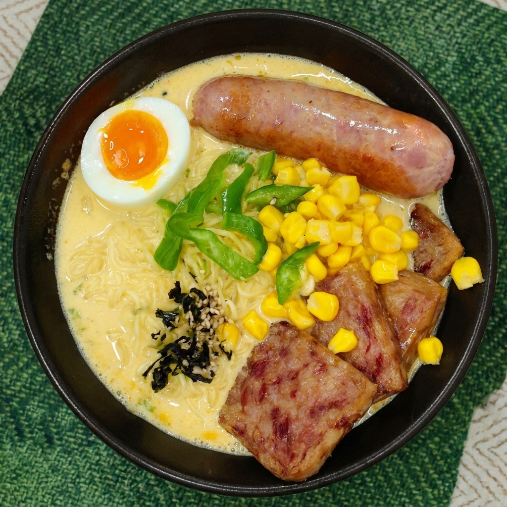 Draufsicht auf eine fertig angerichtete Ramen-Schüssel, garniert mit Algenflocken und Sesamsamen.
