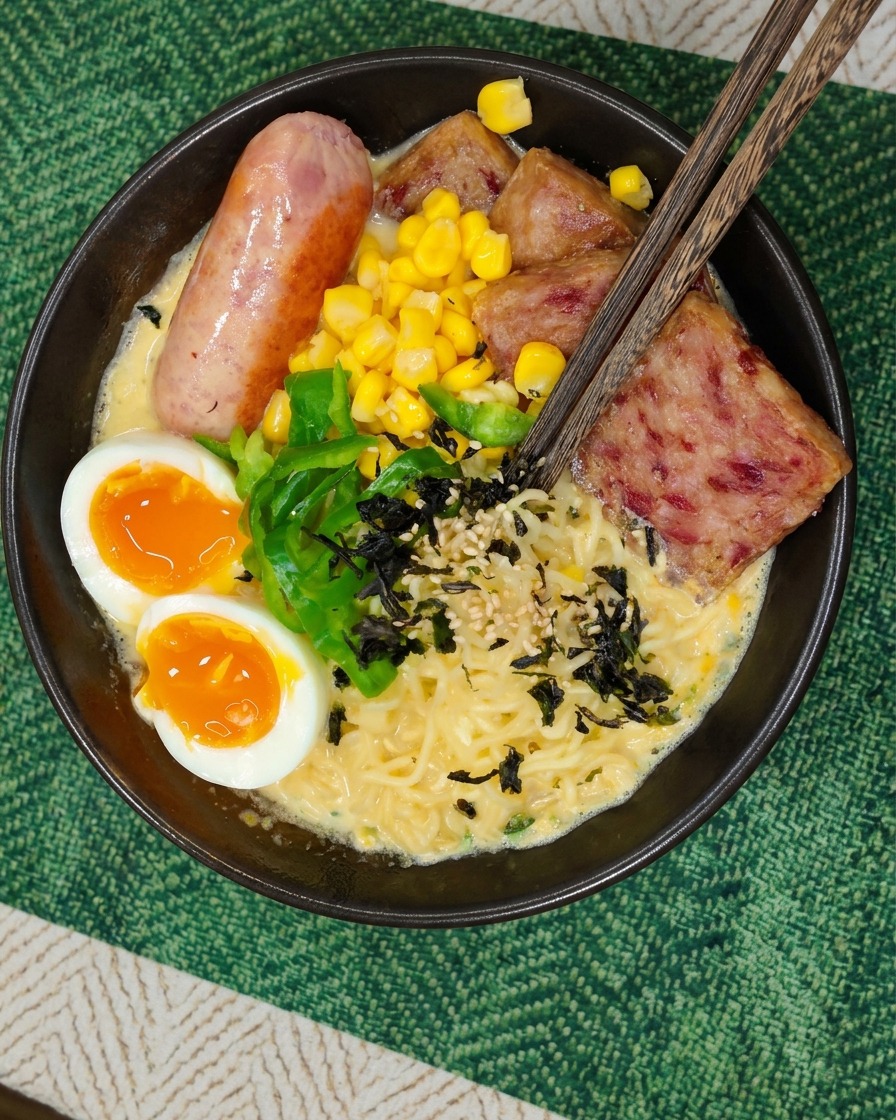 Holzstäbchen heben eine Portion Nudeln aus der cremigen Brühe, umgeben von Toppings.