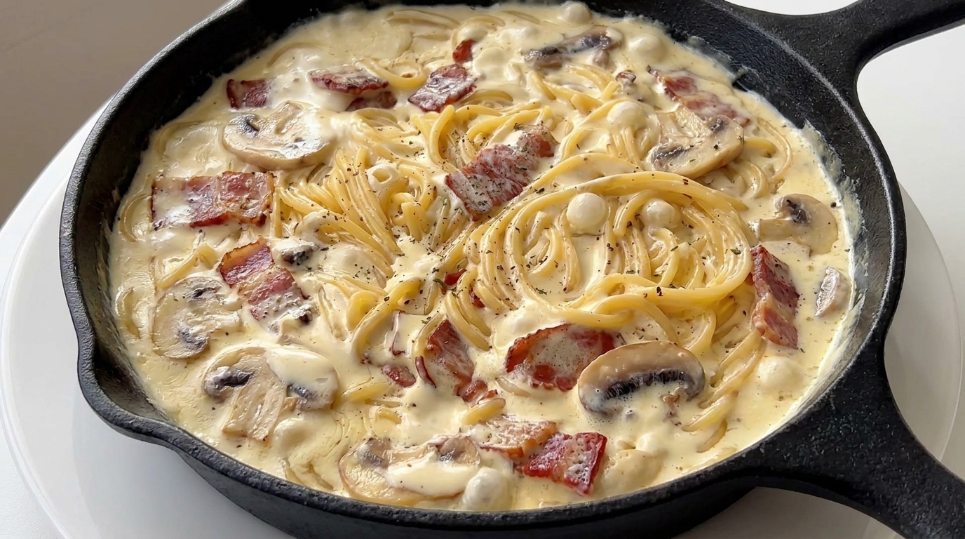 Cremige Pasta mit Champignons und Speck