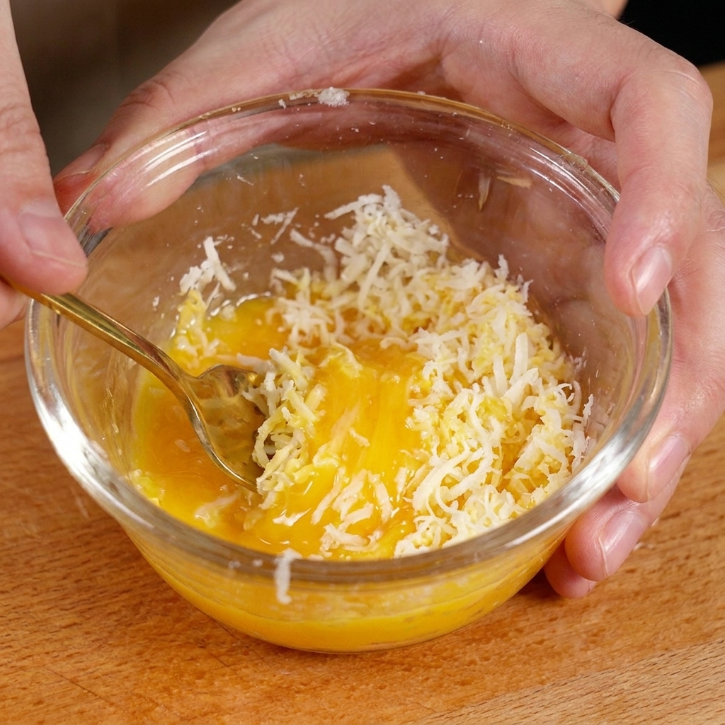 Eigelb und geriebener Parmesan werden zu einer dicken Paste vermischt.