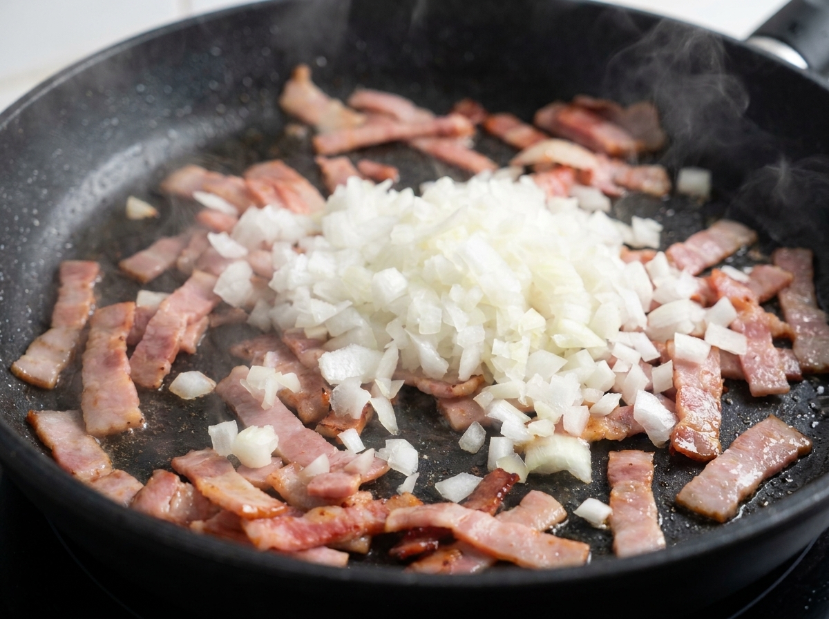 Zwiebeln und Knoblauch werden zusammen mit dem Speck in der Pfanne gedünstet.