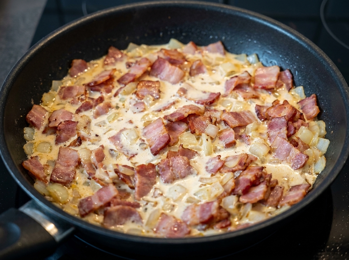 Sahne wird in die Pfanne zum Speck und den Zwiebeln gegossen.