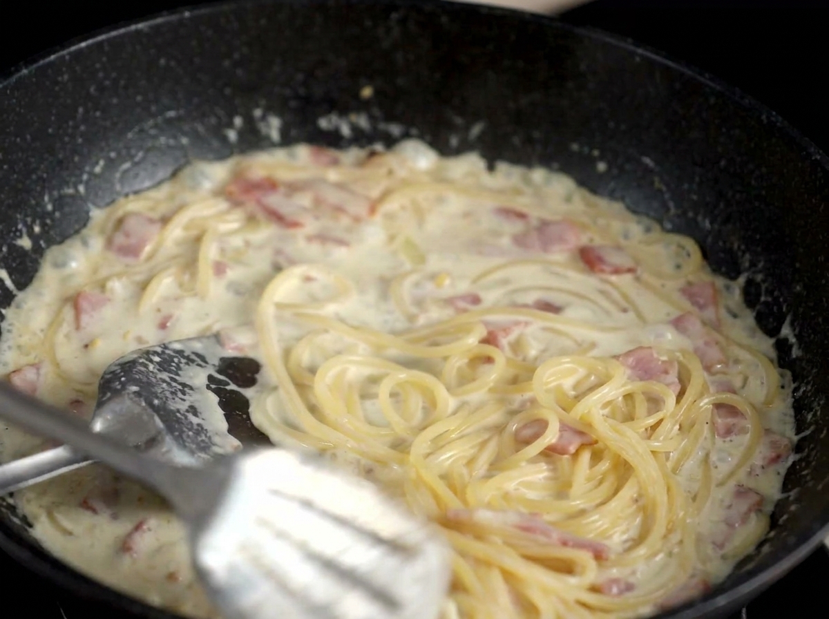 Die Spaghetti werden in der cremigen Sauce geschwenkt.