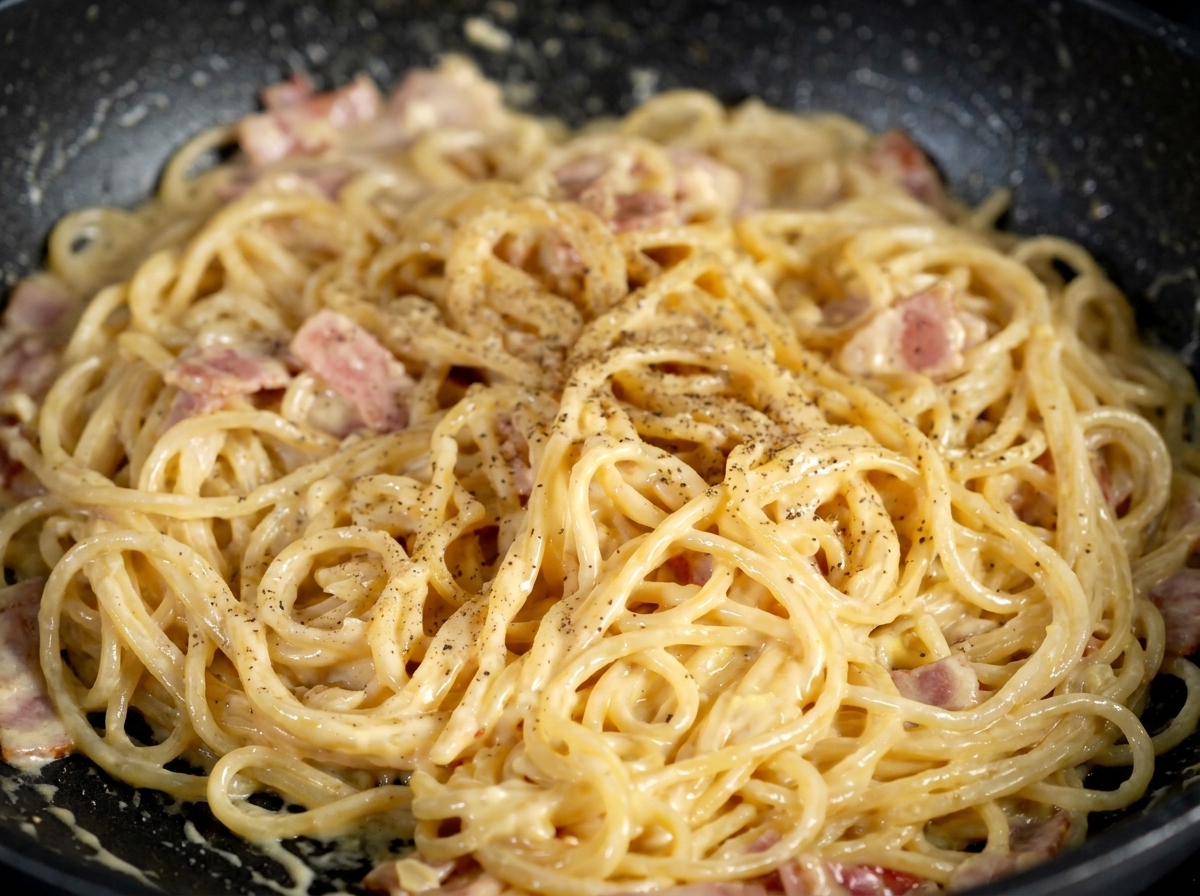 Cremige Spaghetti mit Speck und grünen Petersilienflocken.