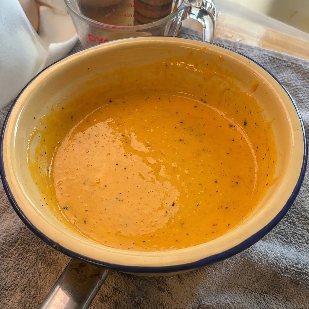 Eine glatte, kräftig orangefarbene Carbonara-Sauce mit sichtbaren schwarzen Pfefferpunkten.