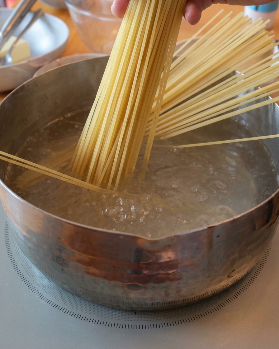 Eine Hand hält ein Bündel trockene Spaghetti vertikal über einen Topf mit sprudelnd kochendem Wasser.