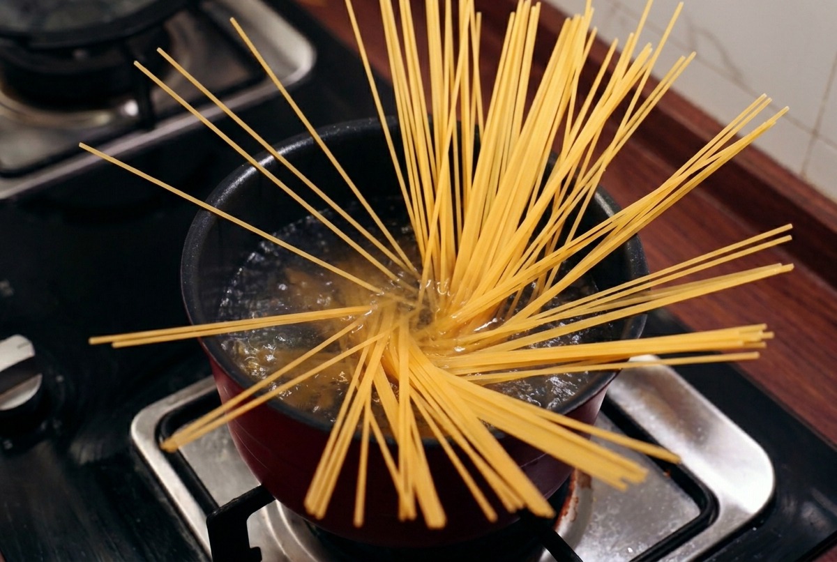 Trockene Spaghetti-Nudeln fächern sich in einem Topf mit kochendem Wasser auf.