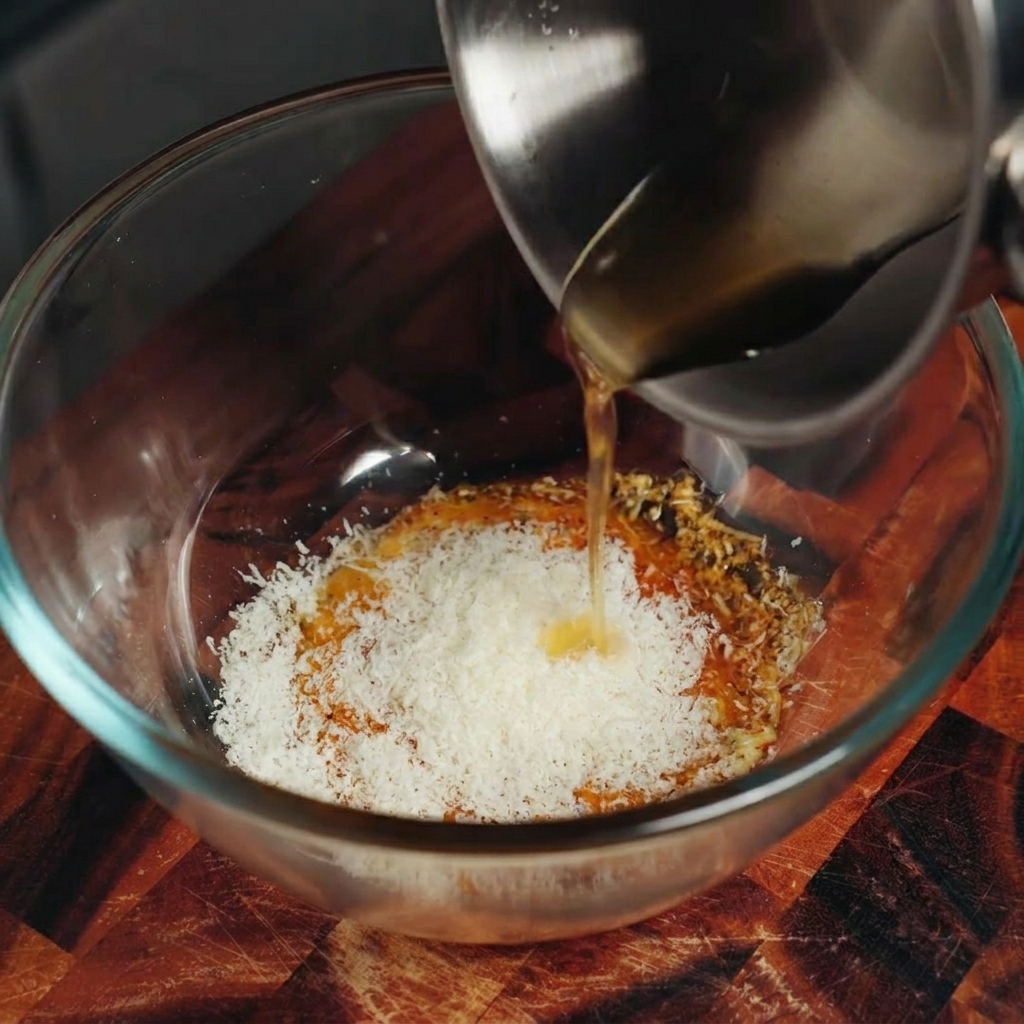 Goldenes Speckfett wird aus einem kleinen Topf in eine Schüssel mit der Eigelb-Käse-Mischung gegossen.