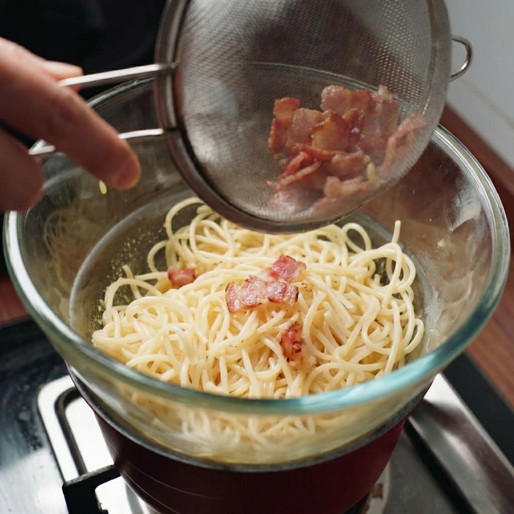 Gebratene Speckwürfel werden zu den Spaghetti und der cremigen Sauce in die Schüssel gegeben.