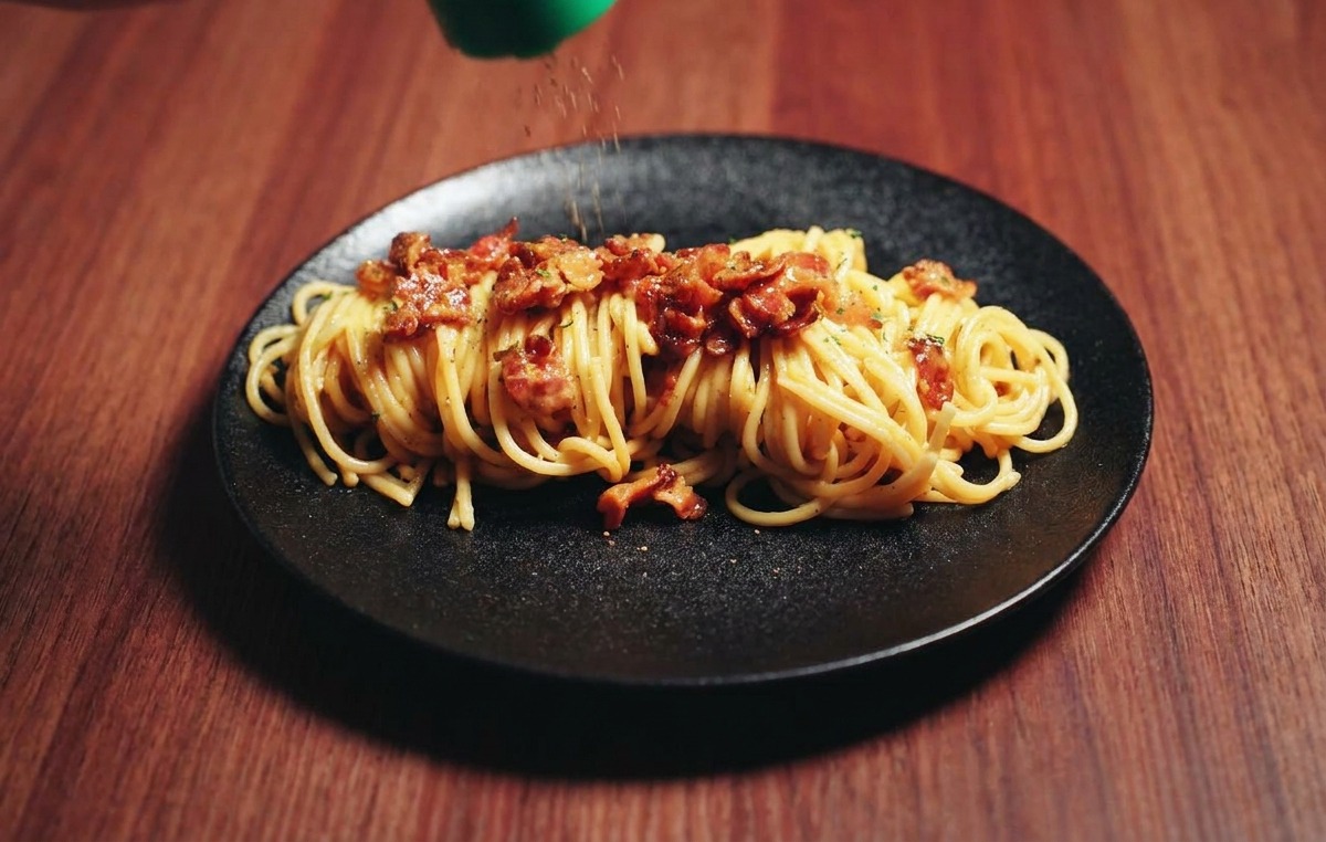 Frisch gemahlener schwarzer Pfeffer wird über eine Portion cremige Spaghetti Carbonara gestreut.