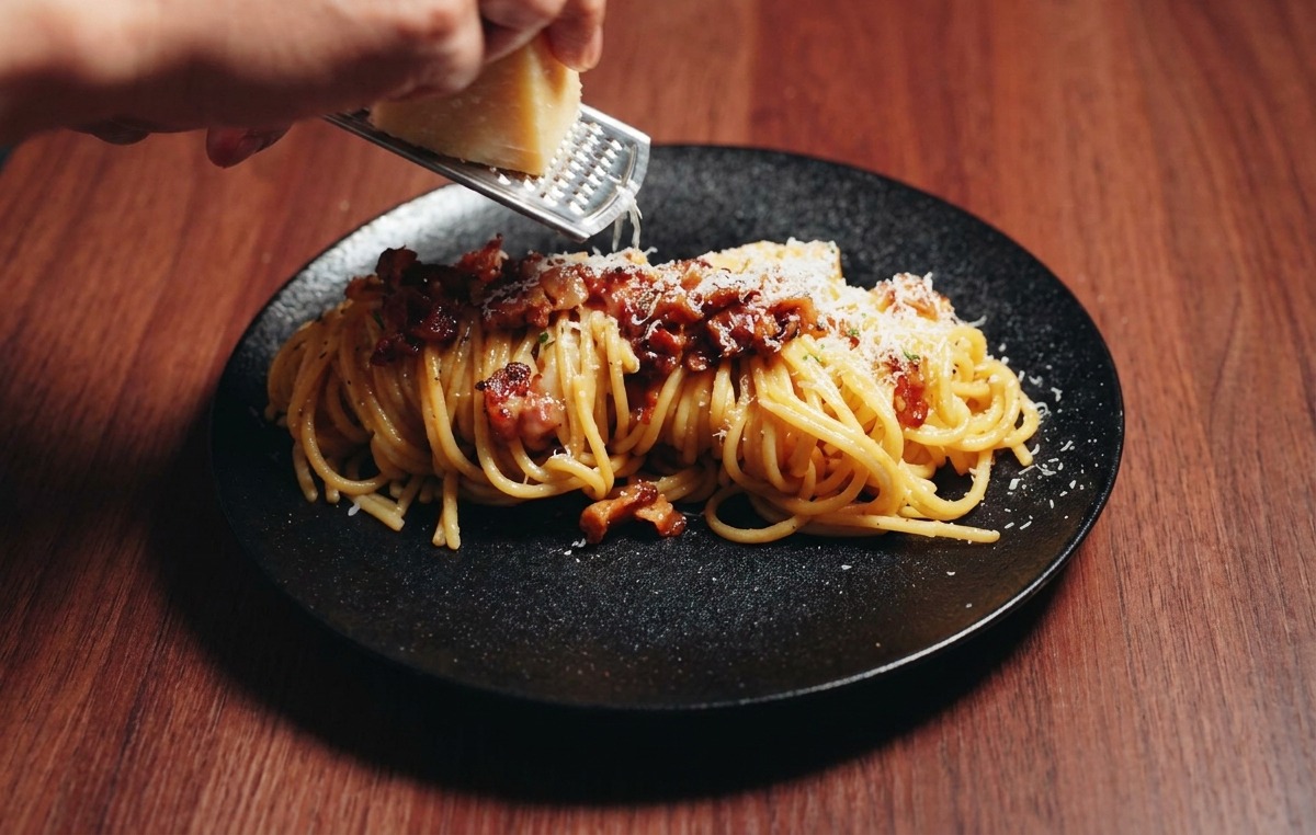 Feine Parmesanspäne werden über einen Teller Spaghetti Carbonara gerieben.