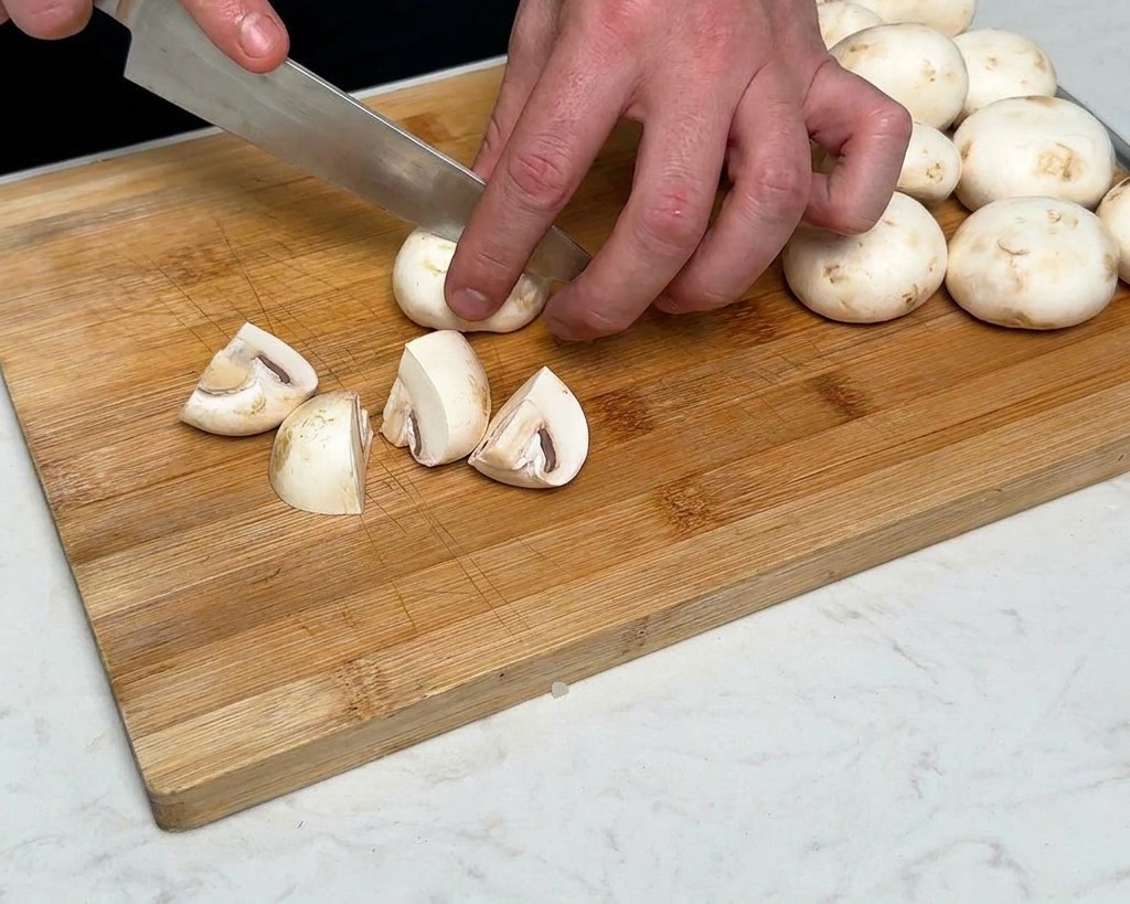 Frische Champignons werden auf einem Holzbrett in Viertel geschnitten.