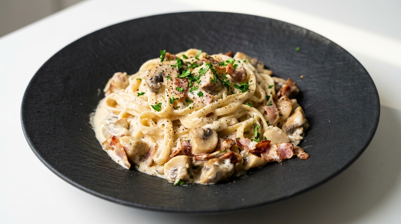 Cremige Pasta mit Speck und Champignons